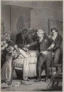Luis XVIII en el lecho de muerte del Duque de Berry - Los últimos momentos del Duque de Berry el 13 de febrero de 1820 (1778 - 1820) en la ópera de París rodeado por Luis XVIII y la familia real - grabado en 