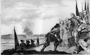Luis XV (1710-74) en la Batalla de Fontenoy en 1745 - Guerra de Sucesión de Austria (1740-1748) - Mauricio de Sajonia, mariscal de Sajonia (1696-1750), victorioso de la Batalla de Fontenoy, se encuentra con el Rey de Francia, Luis XV (1710-1774) - Grabado  de Unknown artist
