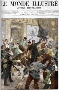 Louise Michel (1833-1905), revolucionaria francesa, ondeando una bandera negra con la inscripción 
