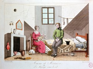 Amor y miseria o matrimonio sin fundamento, hogar pobre, principios del siglo XIX de Unknown artist