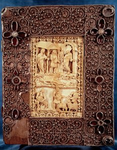 Plato inferior del Salterio de Carlos el Calvo (Carlos II) (823-877): miniatura en marfil que representa a Natán matando al niño, fruto de la relación adúltera del rey de Israel David y Betsabé de Unknown artist