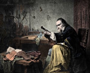 Luthier Stradivarius (Antonio Stradivari) (1644-1737) en su taller. Grabado de Hammann. Diseñador de violines Antonio Stradivari (Stradivarius) trabajando