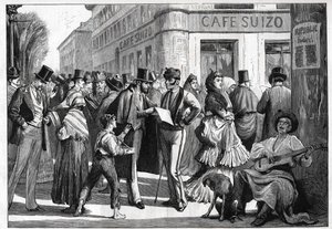Madrid en 1873. Paseantes en la esquina de la Calle Sevilla y la Calle Alcalá. Grabado de 1873.