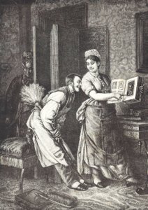 Sirvienta tomando libertades y escuchada por la señora de la casa (litografía) de Unknown artist