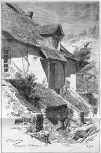 Casa de George Sand (Aurore Dupin, Baronesa Dudevant) (1804-1876), escritora francesa, en Gargilesse (Indre) a orillas del Creuse en Francia. Grabado en "Le Monde Illustré"