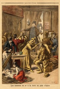Maquillaje de actores de una pintura viviente “hombres en oro” para la feria del pan de jengibre. Grabado en “Le petit journal” 16/04/1894. Colección Selva de Unknown artist