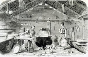 Elaboración de queso Gruyère en un chalet suizo, o quesería en los Alpes - en “Las maravillas de la industria” de Louis Figuier de Unknown artist
