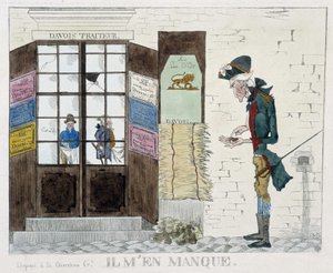 Hombre sin un centavo frente a la tienda de catering - grabado de Unknown artist