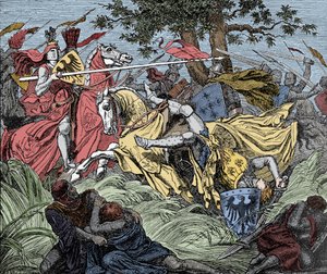 Muerte de Manfredo en batalla - Batalla de Benevento (26 de febrero de 1266): la muerte de Manfredo I (de Hohenstaufen) de Unknown artist