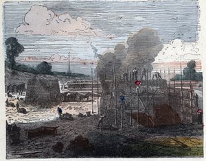 Fabricación de un ladrillo en el siglo XIX: cocción. Los ladrillos se colocan en capas y luego se cubren con tierra antes de prender fuego. Grabado de finales del siglo XIX. de Unknown artist