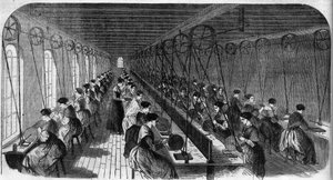 Fabricación de pluma cementada: trabajadores en un taller de impresión en una fábrica de Birmingham en “Le Journal Illustre” de Unknown artist