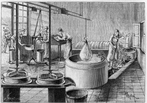 Fabricación de gruyere: una quesería moderna. Grabado en "La Naturaleza: revista de ciencias y sus aplicaciones a las artes y a la industria" del 19 de septiembre de 1891 de Unknown artist
