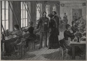 Fabricación de plumas metálicas: taller de afilado en Francia en el siglo XIX. Grabado de 1885 en "Les arts et metiers illustres" por Adolphe BITARD de Unknown artist