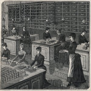 Fabricación de plumas metálicas: clasificación y envoltura de plumas en una fábrica en Francia en el siglo XIX. Grabado de 1885 en “Les arts et metiers illustres” de Adolphe Bitard. de Unknown artist
