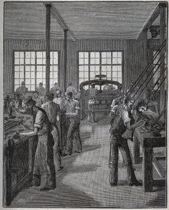 Fabricación de portaplumas y portalápices. Grabado de 1885 en “Les arts et metiers illustres” de Adolphe Bitard. de Unknown artist