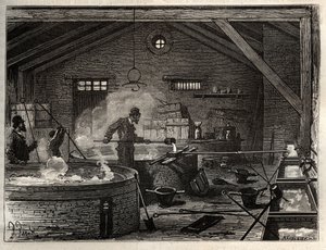 Fabricación de jabón - La industria del jabón - Fabricación de jabón de sebo en una fábrica cerca de París. Grabado en 