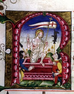 Manuscrito de un canto litúrgico. Miniatura que representa la resurrección. Siglo XV
