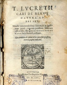 Página manuscrita del volumen 6 de "De natura rerum" (De la naturaleza) por el filósofo latino Lucrecio (Tito Lucrecio Caro) (98-55 a.C.) 1564