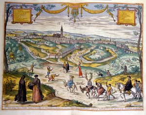 Mapa de la ciudad de Sevilla en 1590. En la parte inferior derecha de la imagen, la gente del pueblo se burla de un cornudo en su burro