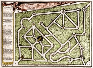 Mapa del laberinto en el parque del castillo de Versalles, creado por André Le Nôtre (1613-1700). Grabado en "La Nature. Revue des sciences et de ses aplicaciones aux arts et a l