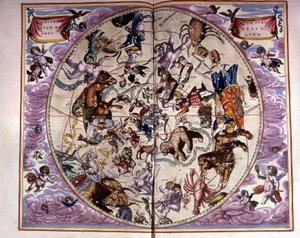 Mapa del cielo y signos del zodiaco - facsímil de una composición antigua que representa las constelaciones del cielo del norte, según la “Harmonia Macrocosmica” de André Cellarius de Unknown artist