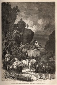 Marcha del ejército inglés hacia la meseta de Dalanta, siguiendo a las tropas del emperador Theodoros (circa 1818-1868), con elefantes para el transporte de piezas de artillería. Grabado para ilustrar la historia 