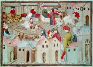 Mercado de Champeaux en París. Comerciantes de ganado y aves, pañeros. Miniatura tomada de El Caballero Errante de Thomas de Saluces (Tommaso III di Saluzzo), circa 1403-1404. París, B.N. de Unknown artist