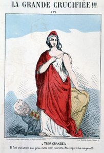 Marianne sosteniendo los Derechos Humanos en su mano a quien Thiers quiere poner una corona - Caricatura de Unknown artist