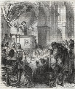 María de Rabutin-Chantal, marquesa de Sévigné conocida como Madame de Sévigné (1626-1696), escucha a Louis Bourdaloue (1632-1704) francés en la iglesia de los jesuitas, Saint-Louis en París - grabado de 1866 de Unknown artist