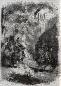 Marphise y la anciana se encuentran con Pinabel - grabado de 1851 de “Furious Roland” (Orlando furioso) (siglo XVI) por Ludovico Ariosto, conocido como el Ariosta - Edición traducida del italiano por el Conde de Tressan y publicada por Gustave Harvard de Unknown artist