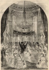 Matrimonio del Barón Alphonse de Rothschild (1827-1905) y Leonora de Rothschild (1837-1911). La novia aprendió a lanzar una bebida al suelo, la última etapa de un matrimonio judío llamado el “vidrio roto”. Grabado en “The Illustrated London News” de marzo.