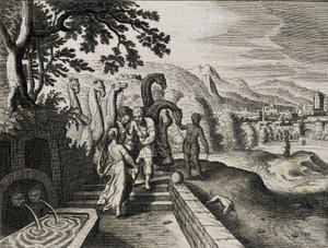 Matrimonio de Isaac y Rebeca. Grabado de una Biblia del siglo XVII de Unknown artist