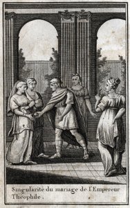 Matrimonio del emperador bizantino Teófilo (813-842): habiendo reunido a las mujeres más bellas del reino para encontrar esposa, eligió a Teodora y le ofreció una manzana dorada. Grabado en “Beaute de l