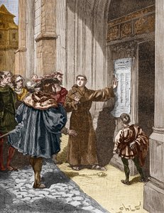 Martín Lutero (1483-1546) colgando sus 95 tesis en Wittenberg
