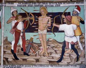 Martirio de San Sebastián, vida de San Sebastián (siglo XV), frescos, Capilla de San Sebastián, Villard-de-Lans, Ródano-Alpes, Francia.