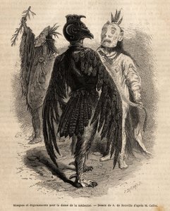 Máscaras y disfraces para la danza de la medicina entre los indios Naya. Grabado para ilustrar una excursión entre las tribus indias de las cuencas de Colombia y el Alto Missouri, por G. Catlin, en 1855, publicado en "le tour du monde", bajo la dirección