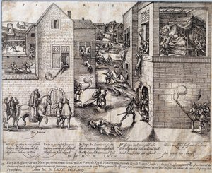 Masacre de San Bartolomé en París en la noche del 24 de agosto de 1572. Grabado del siglo XVI. Pau, Museo del Castillo de Unknown artist