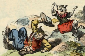 El maestro zorro juega con la Pequeña Cabra. Ilustración del cuento “Buen Medor y la Pequeña Chevrette”. En “Cuentos del hogar para los pequeños”. Grabado anónimo del siglo XIX. de Unknown artist