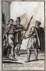 Maximiano Hércules (Marcus Aurelius Valerius Maximianus) (circa 250-310), emperador romano, se llena de miedo al ver a Constantino (Constantino I, Flavius Valerius Aurelius Constantinus, 272-306), su yerno, a quien cree haber apuñalado en su cama
