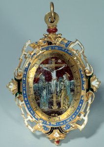 Medallón en esmalte sobre oro redondo decorado con la crucifixión y la huida a Egipto. Principios del siglo XVI. París. Museo del Louvre de Unknown artist