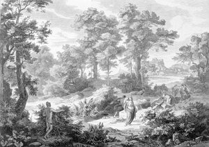 Encuentro entre Ulises que estaba acostado cerca de un río y Nausicaa. Grabado de finales del siglo XIX. de Unknown artist