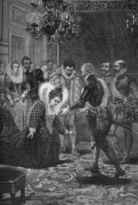 Encuentro de María de Médicis y Enrique IV (1601): María de Médicis (1573-1642) inclinándose ante su esposo, el rey de Francia Enrique IV (1553-1610). Grabado del siglo XIX. En “Histoire de France” de Jules Michelet de Unknown artist