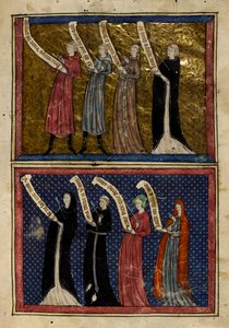 Hombres y mujeres heridos por el Dios del Amor de "Le Roman de la Rose". de Unknown artist