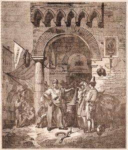 Comerciante cocinando pasta en una cacerola, escena italiana de Unknown artist