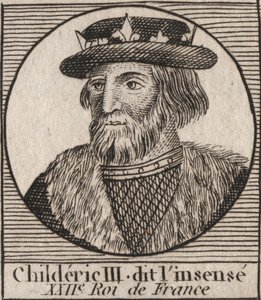 Dinastía Merovingia: Retrato de Childerico III (714-755) Rey de los Francos - grabado de “Instruction sur l