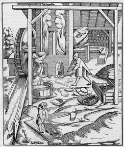 Soplador de horno de metal operado por un motor hidráulico. Facsímil de un grabado publicado en "Cosmographie" (1555) por Sebastien Munster.