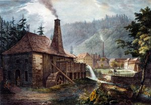 Metalurgia: Vista de las forjas de Framont. Litografía alrededor de 1850. Nancy, museo histórico de Lorena de Unknown artist