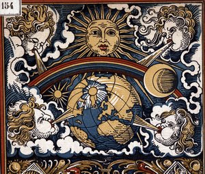 Alegoría meteorológica - alegoría meteorológica (sol con tierra, vientos, arco iris) - ilustración de calendario de Unknown artist