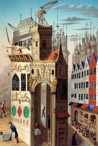 Edad Media: escena callejera en el siglo XV. Comerciantes y trabajadores en una calle, siglo XX (ilustración).