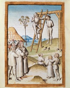Miniatura de escena de ahorcamiento tomada de una traducción alemana de las fábulas de "Kalila y Dimna" por Bidpai. (ms. 1389, fol. 117) alrededor de 1480 Chantilly, museo Condé de Unknown artist